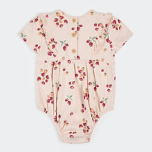 Load image into Gallery viewer, Strawberry Print on Soft Pink Ribbed Bubble Romper