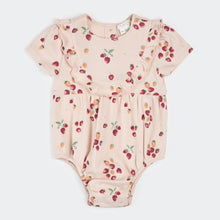 Load image into Gallery viewer, Strawberry Print on Soft Pink Ribbed Bubble Romper