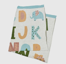 Load image into Gallery viewer, Organic Jacquard Sweater Knit Baby Blanket- Alphabet Natural/ Blue Viverano Organics