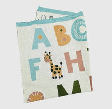 Load image into Gallery viewer, Organic Jacquard Sweater Knit Baby Blanket- Alphabet Natural/ Blue Viverano Organics