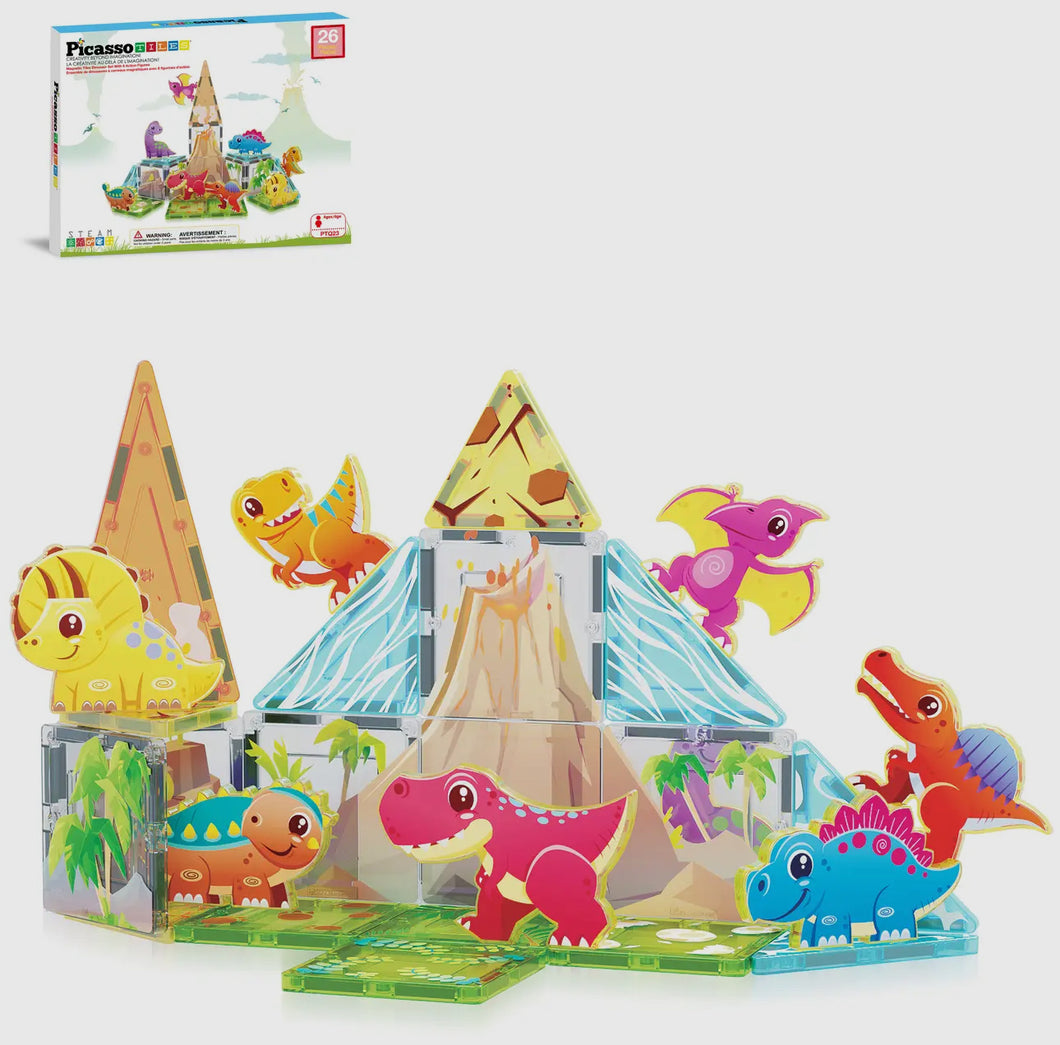 PicassoTiles 26pc Dino Theme Magnetic Tile Building Set