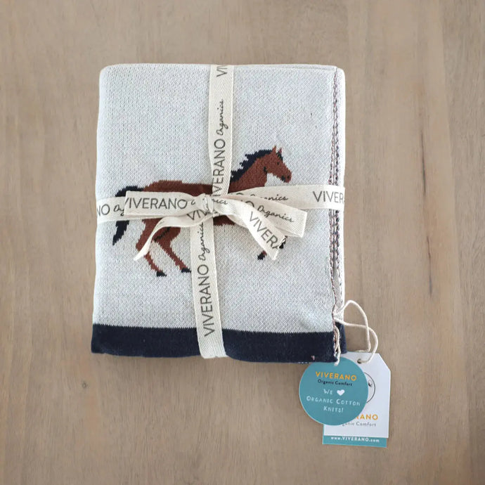 Organic Cotton Knit Baby Blanket- Horse Viverano Organics