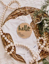 Load image into Gallery viewer, Hello World Birth Stat Announcement Wood Disc - Layered 3D/ 4&quot;
