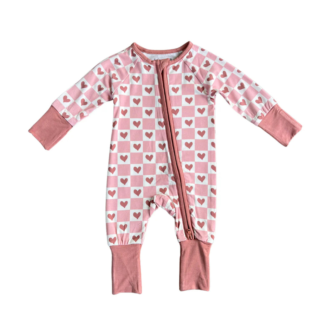 Girls Checkered Hearts Zip Romper