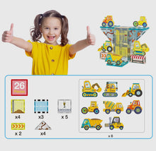Load image into Gallery viewer, PicassoTiles 26pc Magnetic Tile Construction Adventure Set with Vehicle Figures
