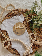 Load image into Gallery viewer, Hello World Birth Stat Announcement Wood Disc - Layered 3D/ 4&quot;
