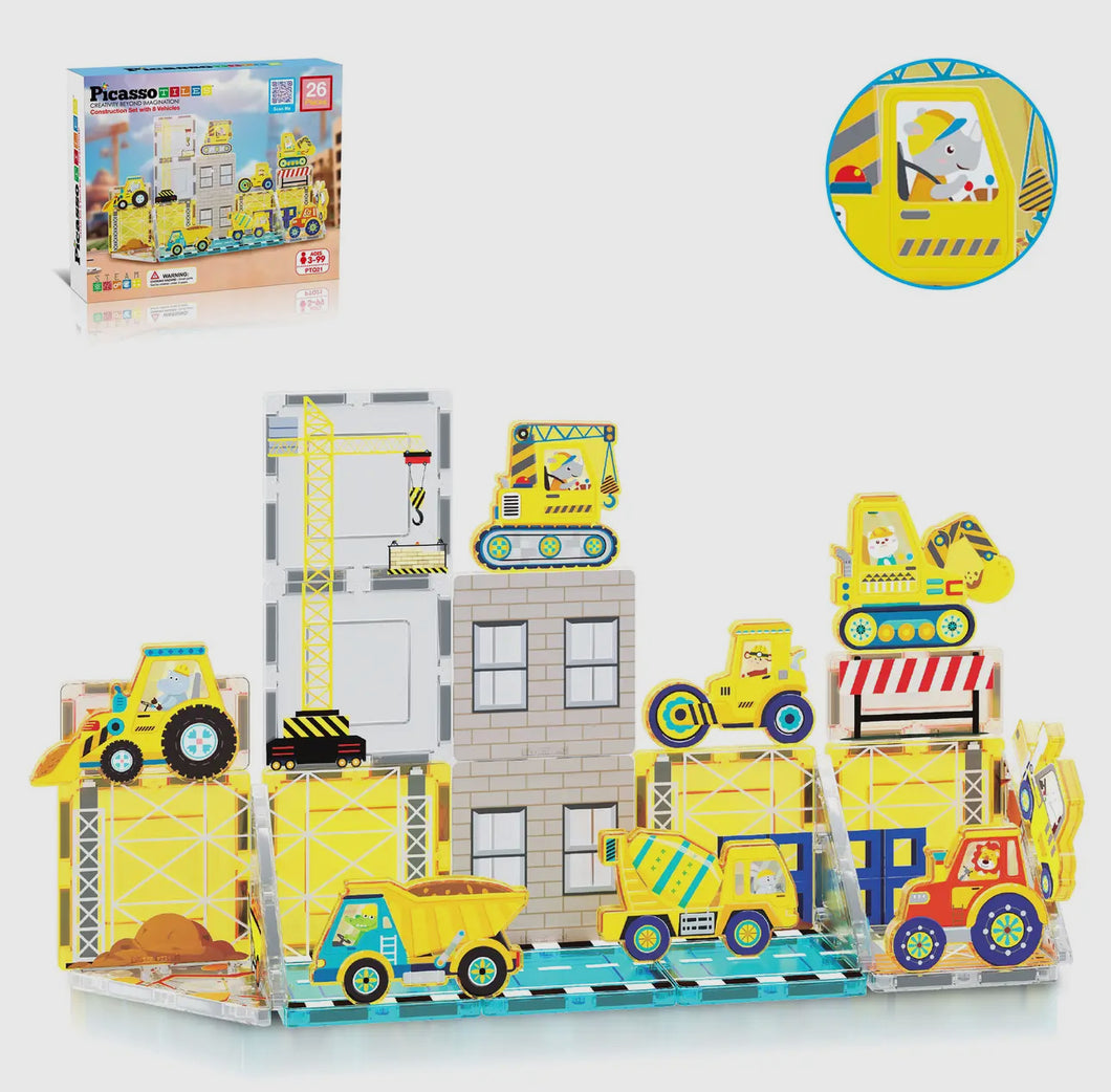 PicassoTiles 26pc Magnetic Tile Construction Adventure Set with Vehicle Figures