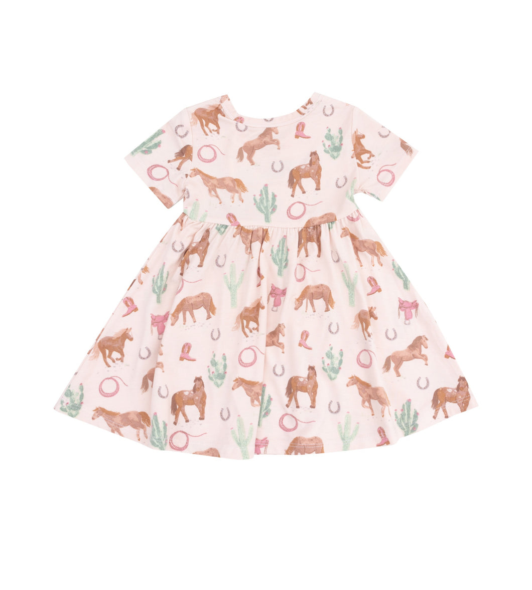 Short Sleeve Twirly Dress- Western Horses Pink