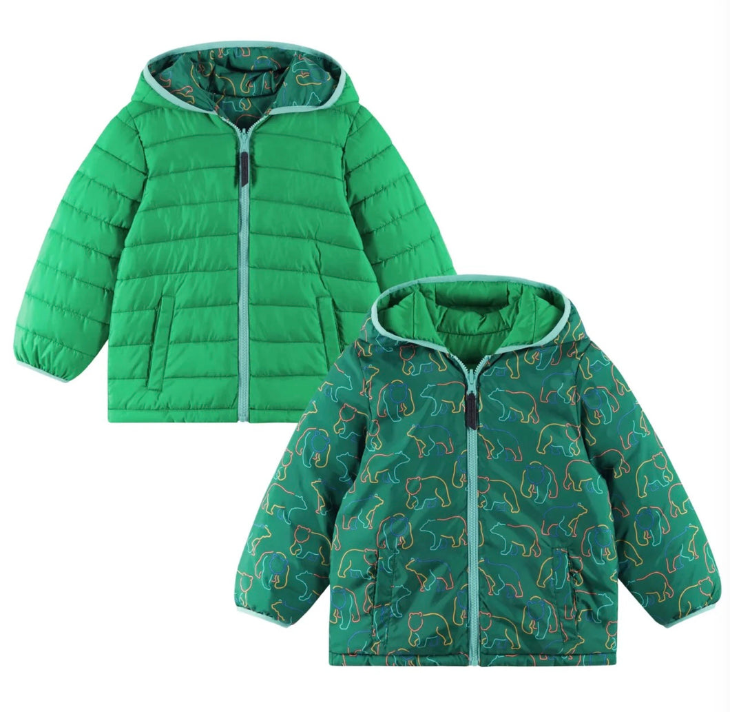 Kids Reversible Puffer Jacket- Green Bear