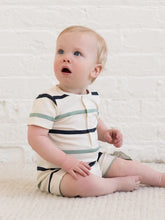 Load image into Gallery viewer, Organic Mason Short Sleeve Romper - Aldo Stripe/Navy + Jade
