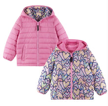 Load image into Gallery viewer, Kids Printed Reversible Puffer Jacket- Pink Hearts
