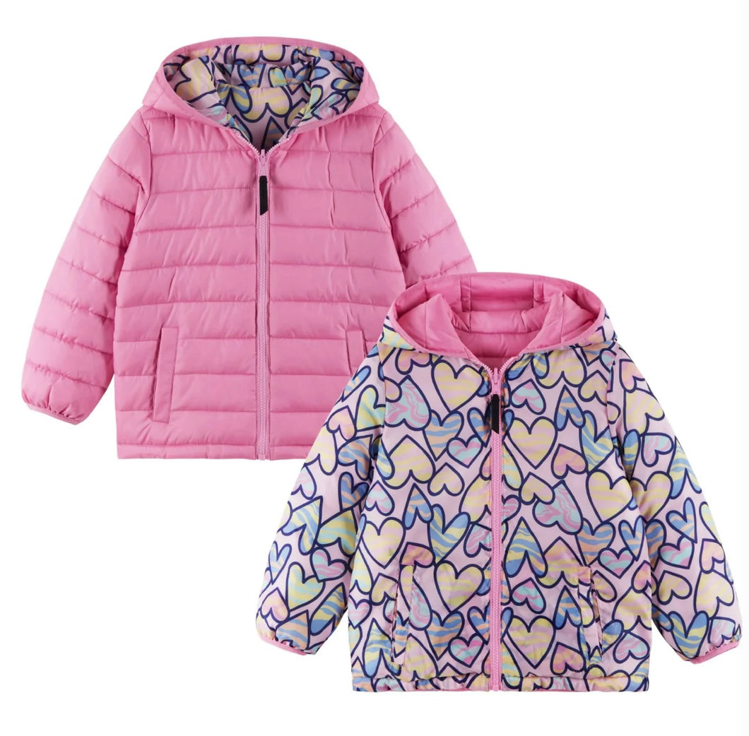 Kids Printed Reversible Puffer Jacket- Pink Hearts