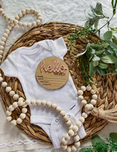 Load image into Gallery viewer, Hello World Birth Stat Announcement Wood Disc - Layered 3D/ 4&quot;
