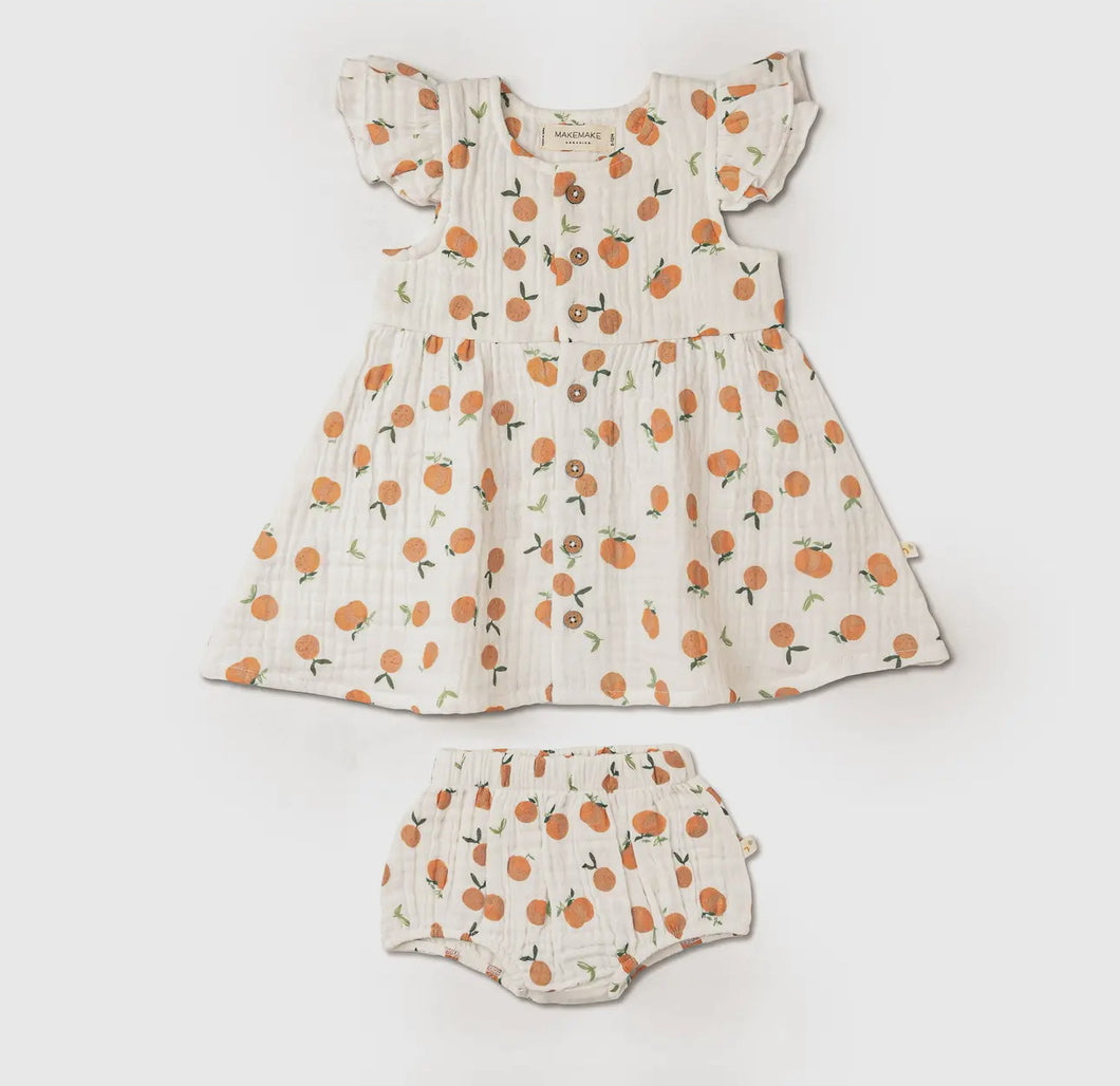 Organic Button Flutter Dress Set- Mandarin