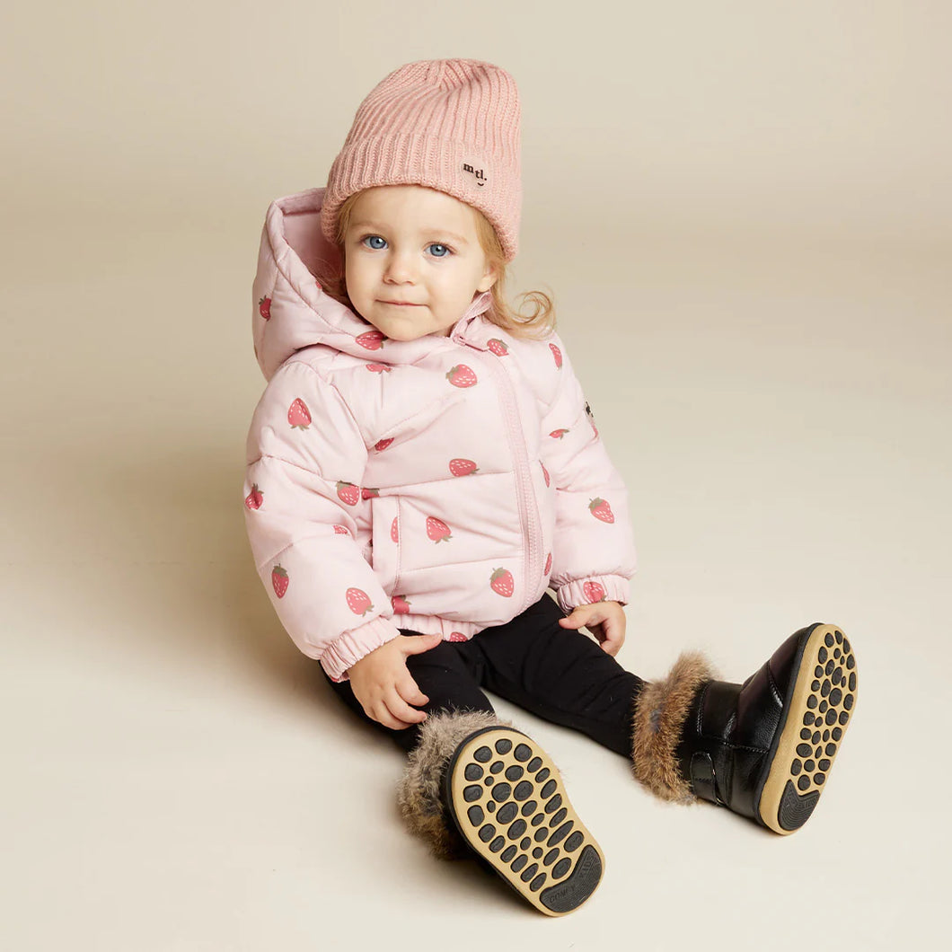 Infant Strawberry Print on Rose Hooded Packable