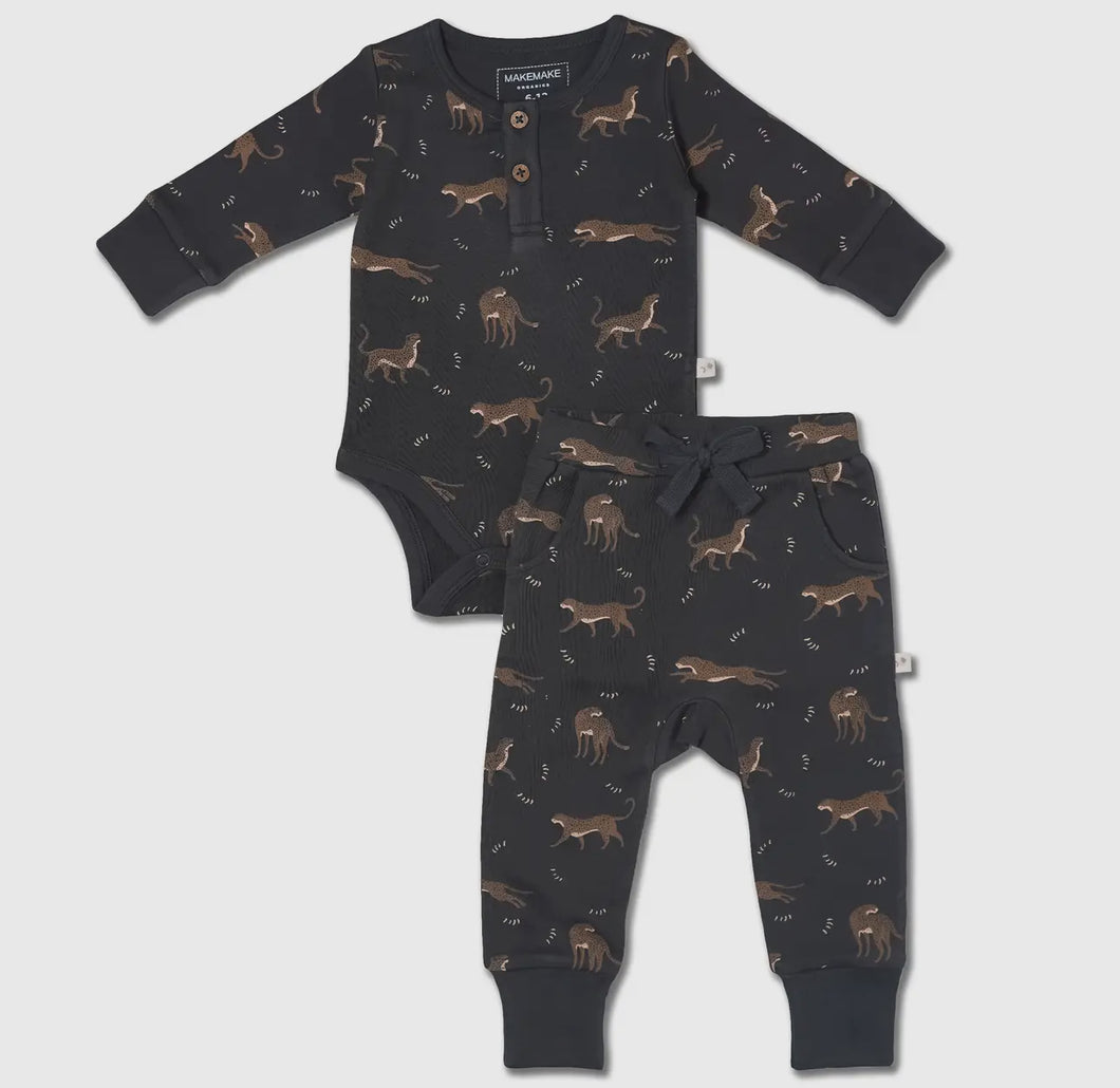 Organic Button Onesie & Pants Set - Leopard